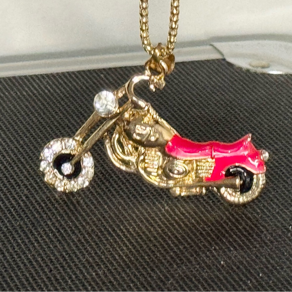NWT Betsey Johnson Gold and Red Motorcycle Necklace, Crystal Accents